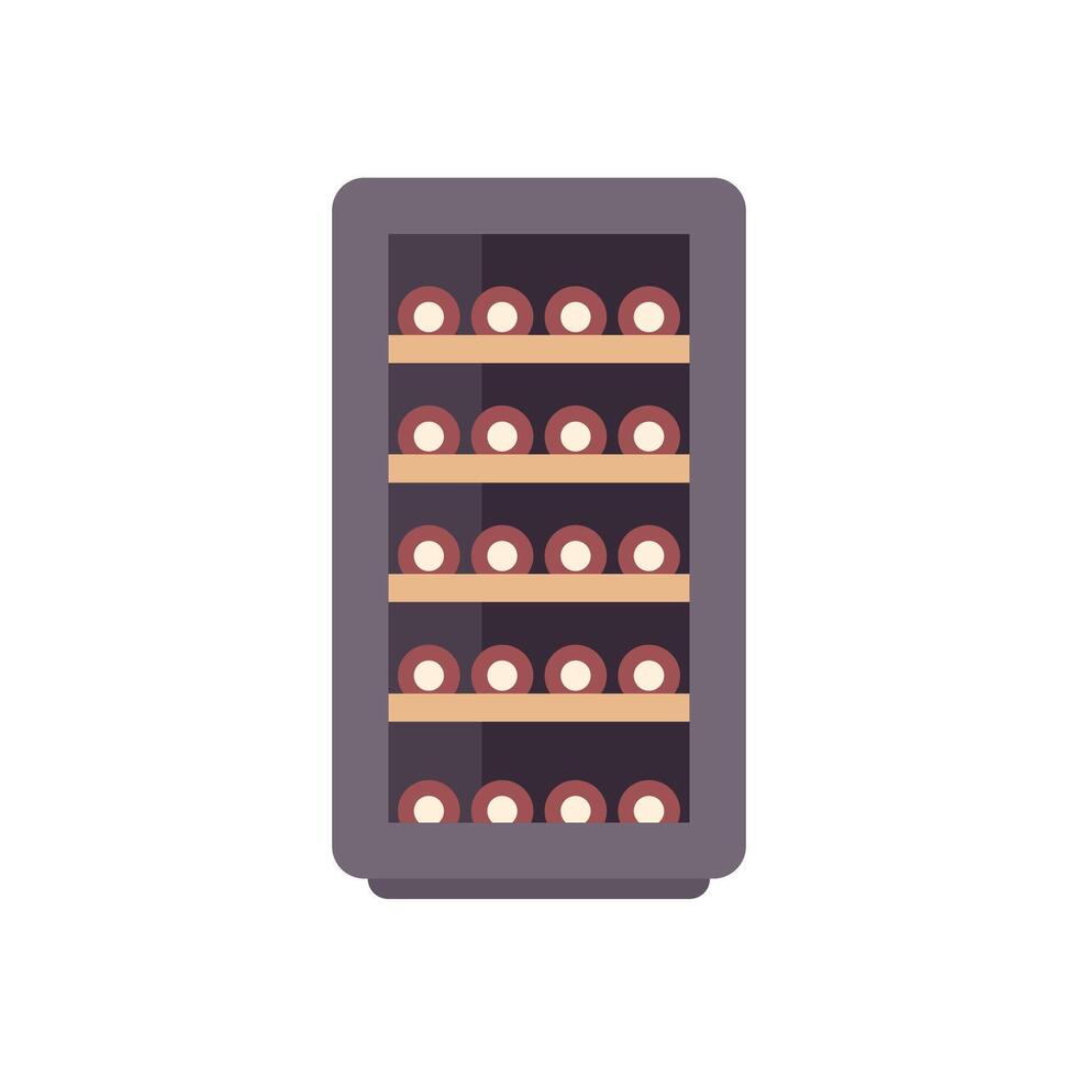 Wine refrigerator storing bottles on wooden shelves inside vector