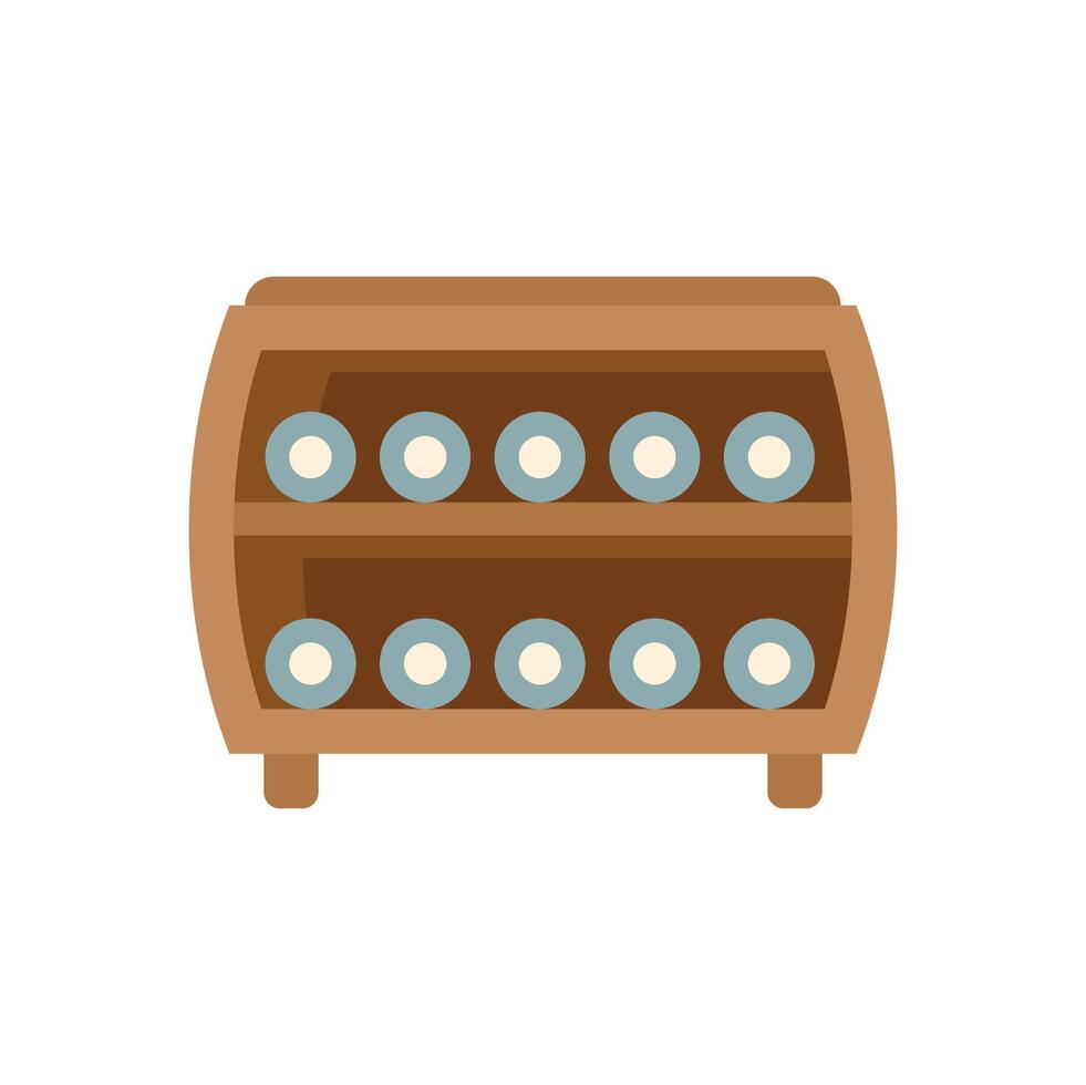 Wooden wine rack in the shape of barrel storing bottles on shelves vector