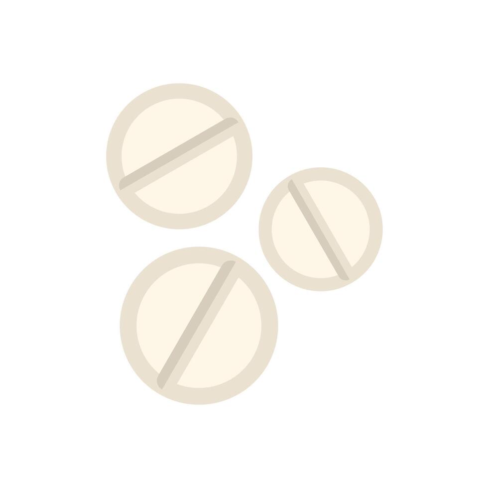 Three round white pills with a score mark lying on white background vector