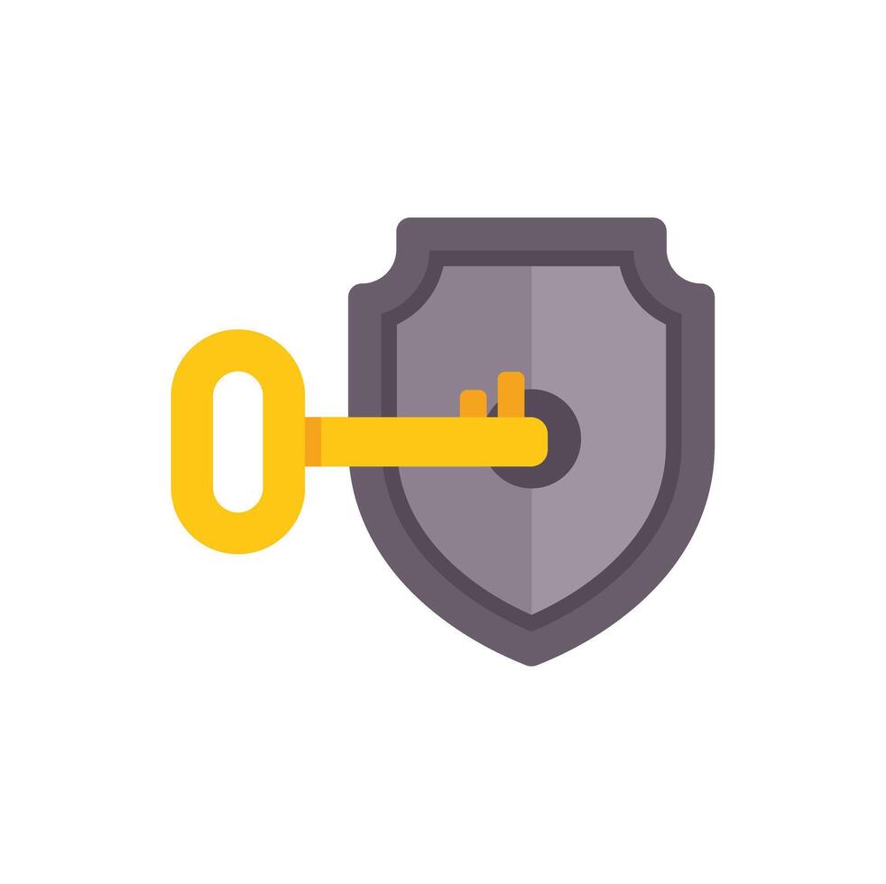 Golden key unlocking grey shield security concept vector