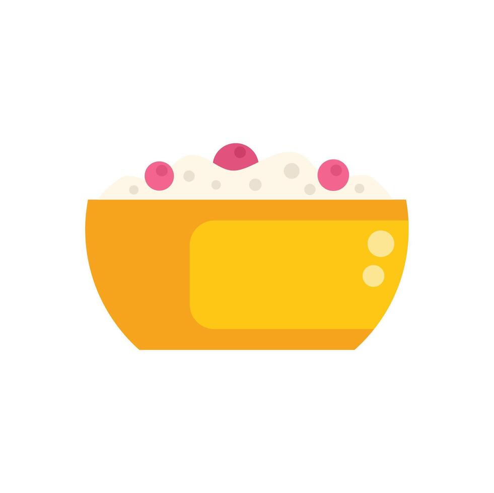 Yellow bowl overflowing with delicious rice pudding and berries vector