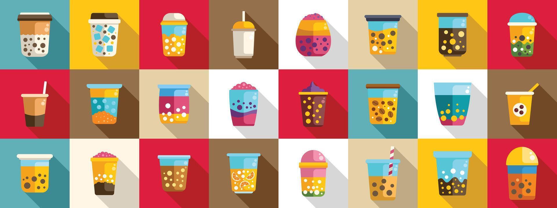 Boba icons set. Bubble tea boba milk tea drinks refreshing beverages icons set background vector