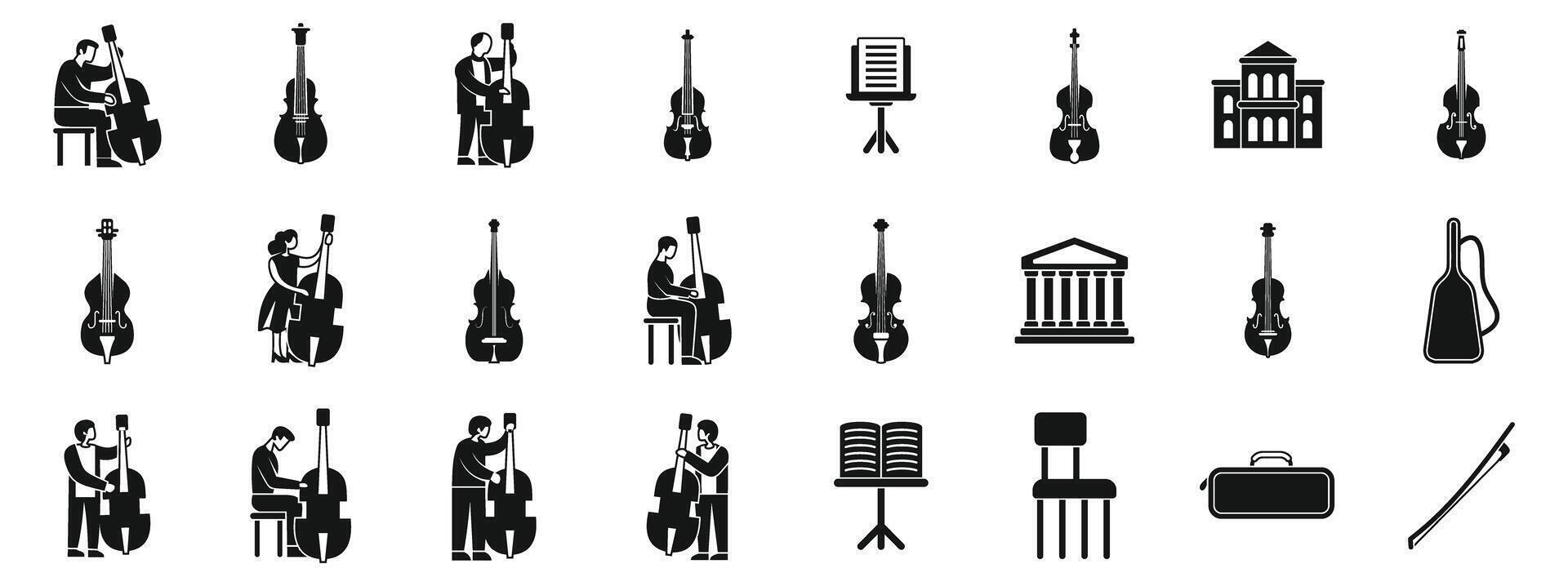 Contrabass icons set. Musicians playing and learning contrabass instruments icons set vector