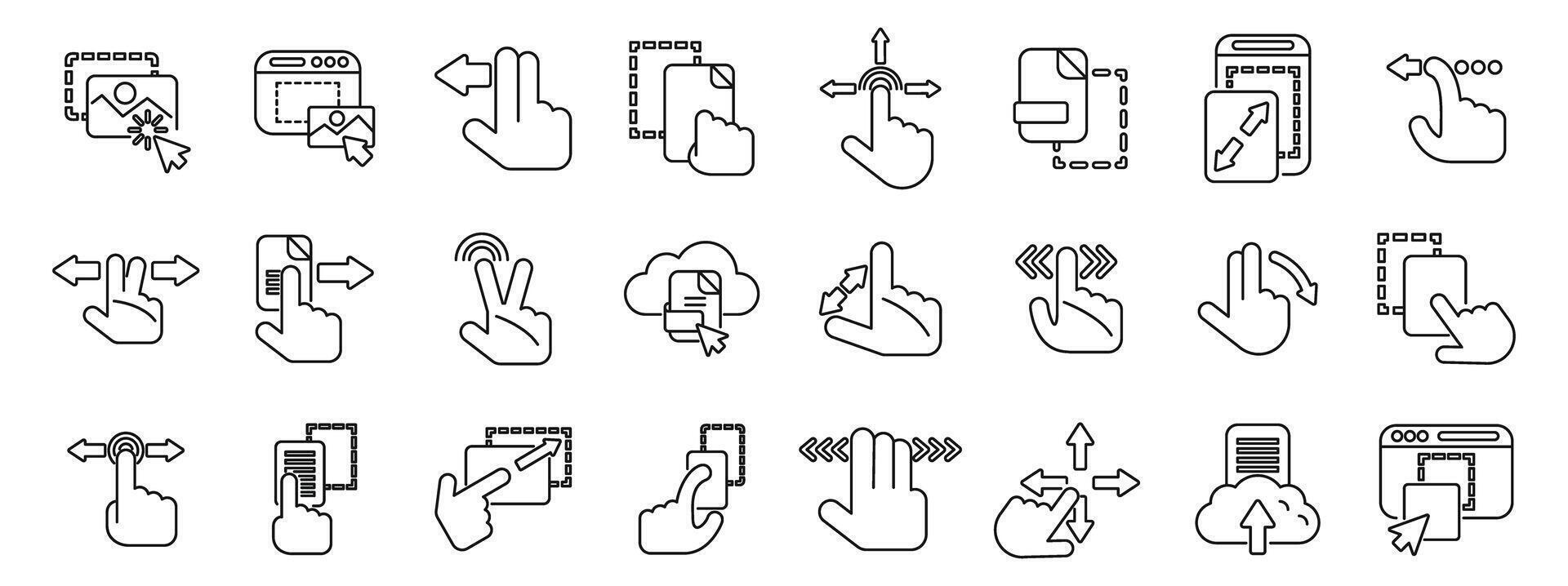 Drag drop icons set. This set of icons shows different ways of interacting with a touchscreen vector