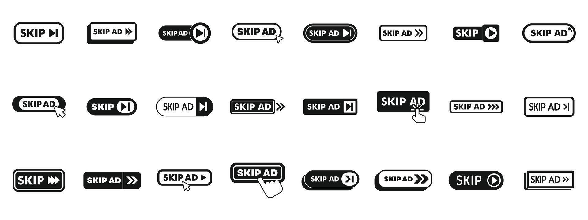 Skip ad icons set. Set of skip ad buttons for online content and videos vector