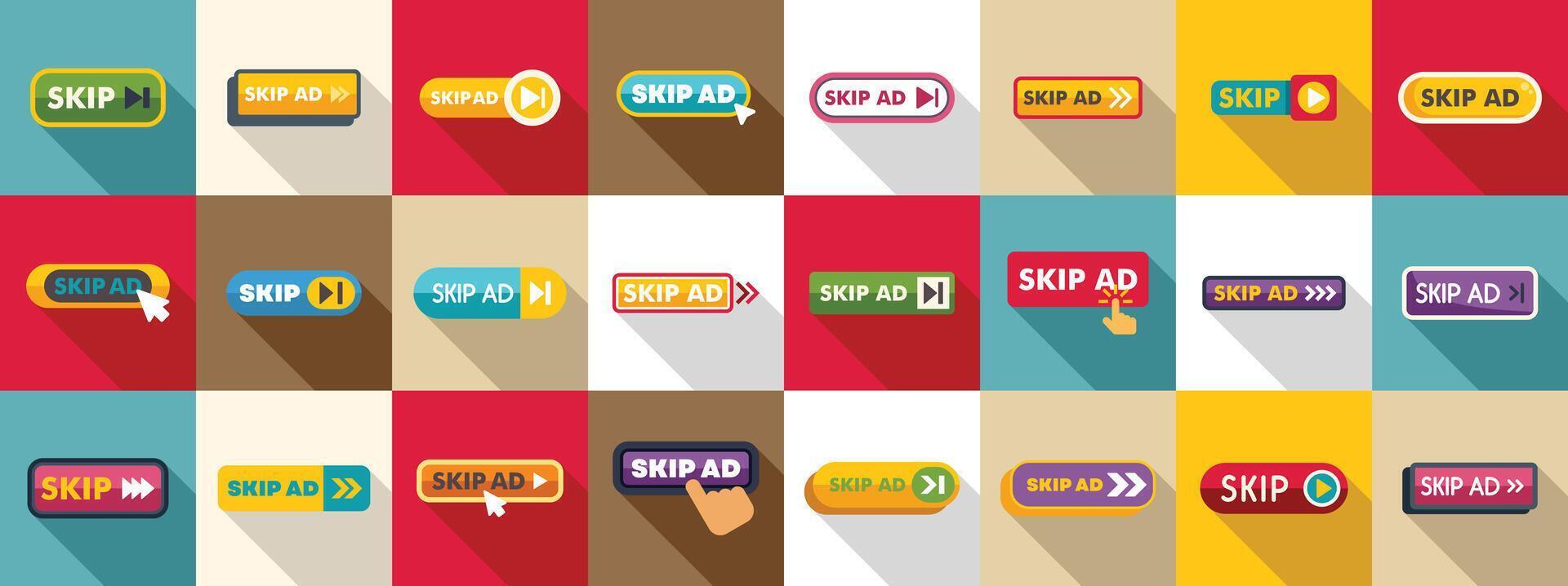Skip ad icons set. Set of various skip ad button icons for web and mobile apps vector