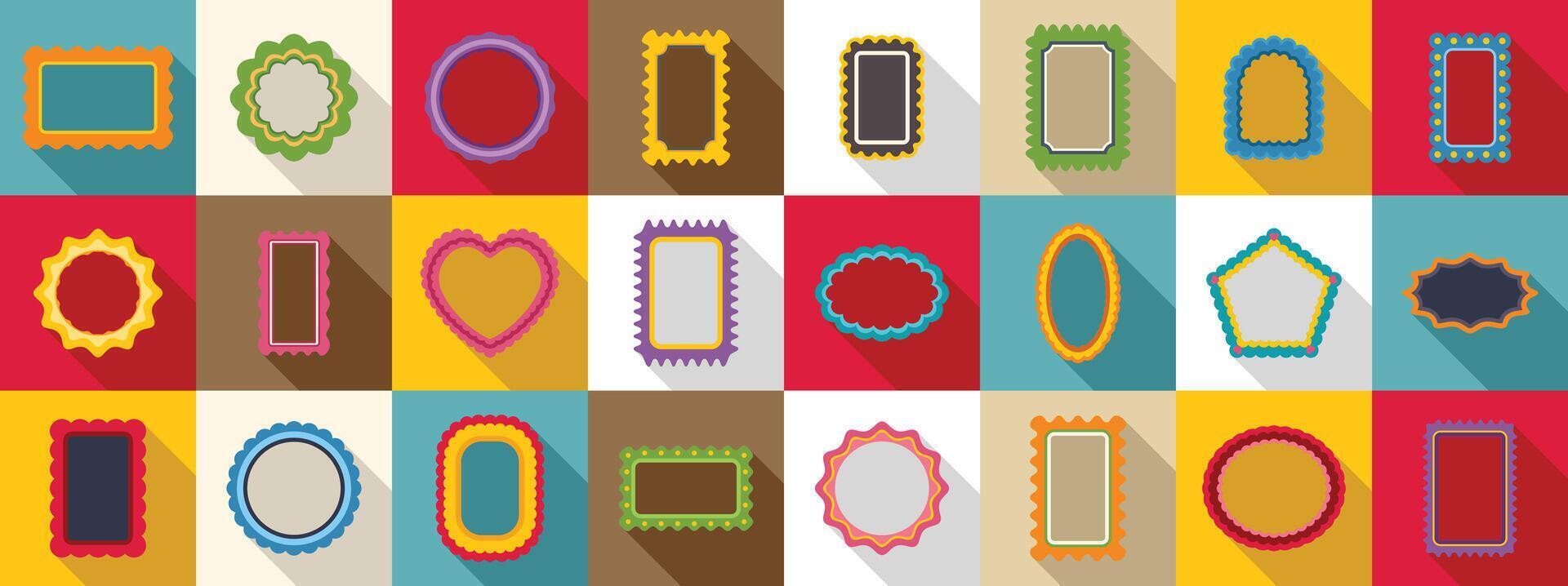 Scallop frame icons set. Set of different colorful decorative frames casting shadow vector