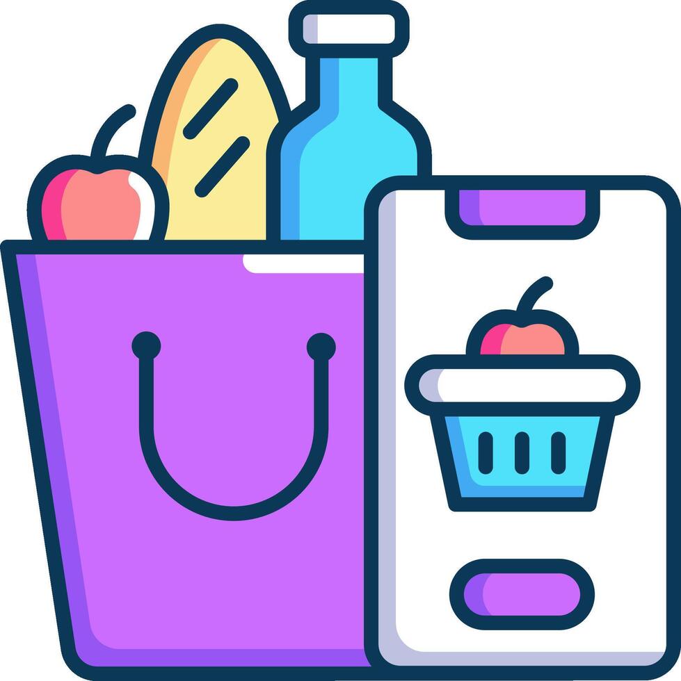 Shopping bag icon with a smartphone and a bag of groceries vector