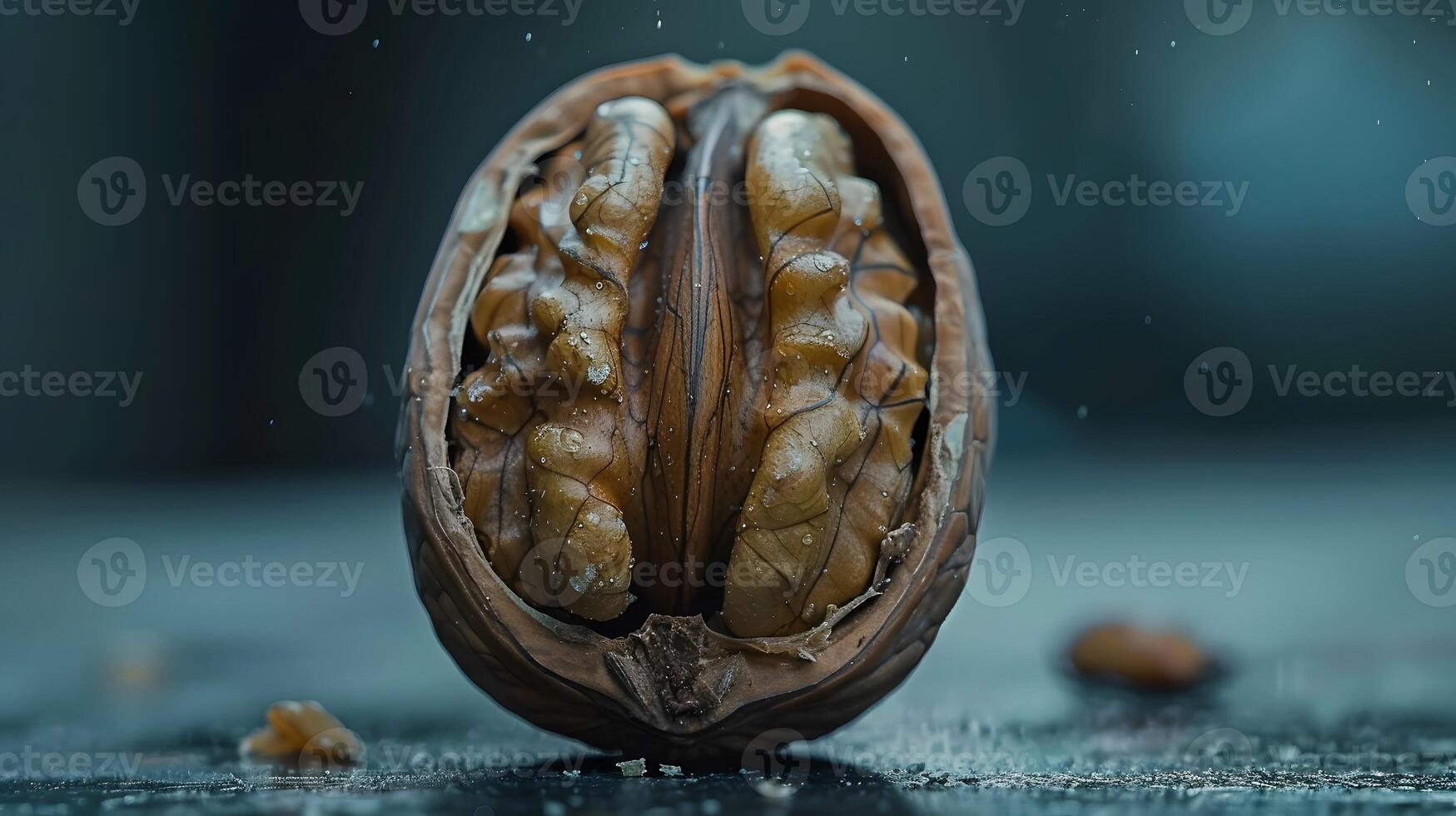A macro shot of an open walnut on a dark background, highlighting the intricate texture and natural detail of the nut, creating a rich, organic, and nutritious aesthetic. photo
