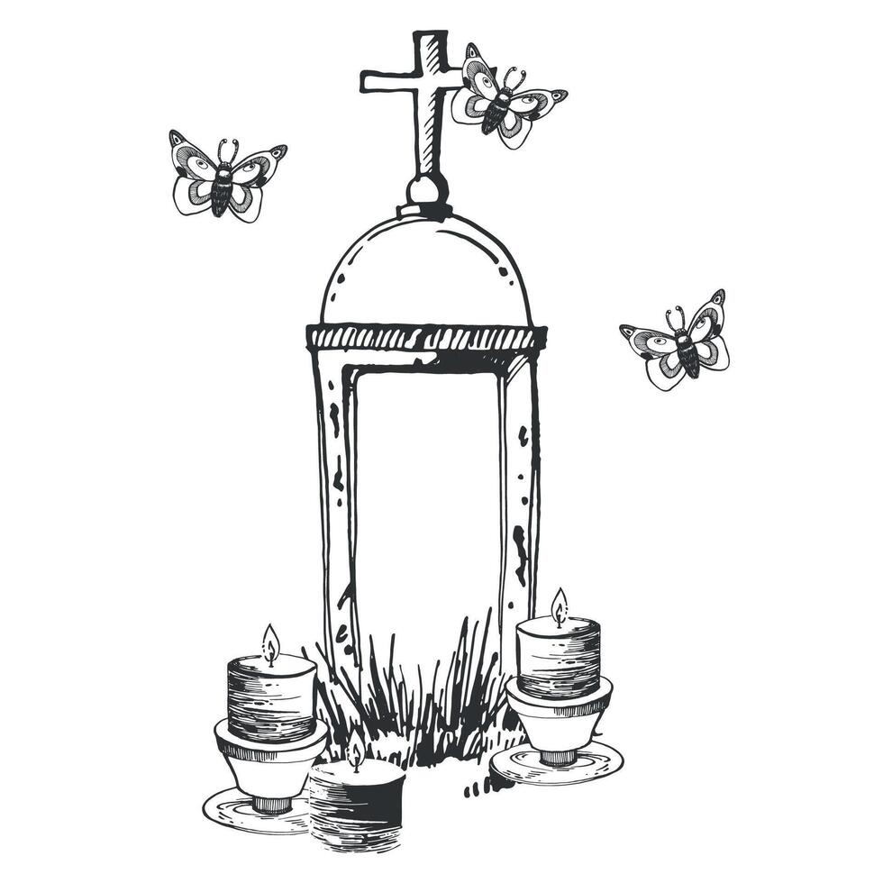 Cemetery, tombstone with a cross and burning candles below, moths flying around the cross. Halloween. All objects are hand-drawn with ink and transferred to . For cards, Halloween invitations vector