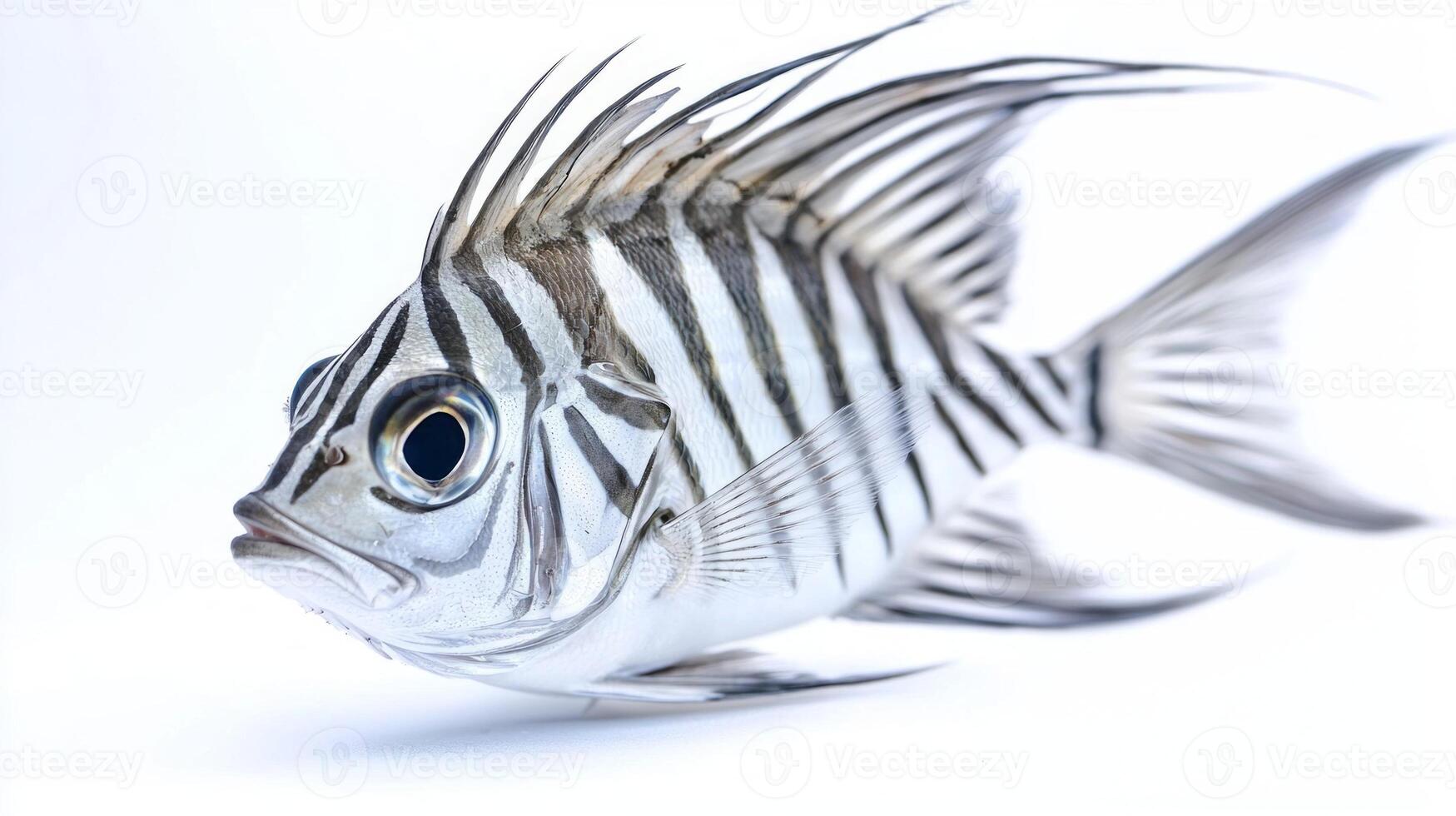 striking Roosterfish Nematistius pectoralis presents its distinctive sharp features and bold vertical stripes while isolated on a white background emphasizing its unique beauty. photo