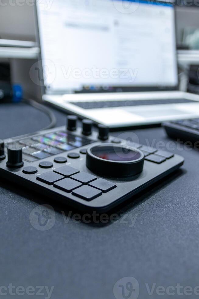 Special keyboard extension gadget in modern Home Office equipment with ergonomic keyboard and mouse and multiple monitors setup for professional work from home with company notebook as ergonomic work photo