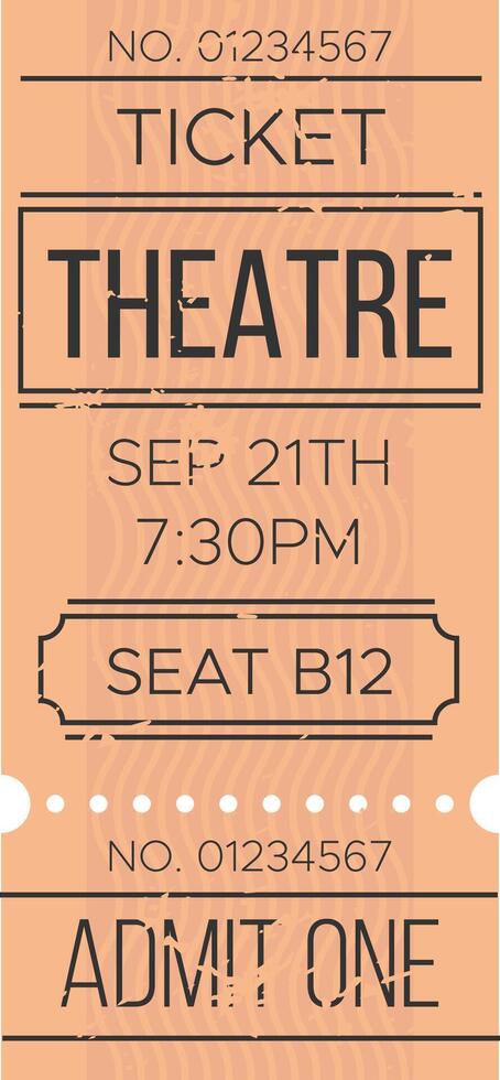 Orange vintage theatre ticket for a show on september 21th at 7,30 pm, seat b12, with a distressed texture and decorative elements vector