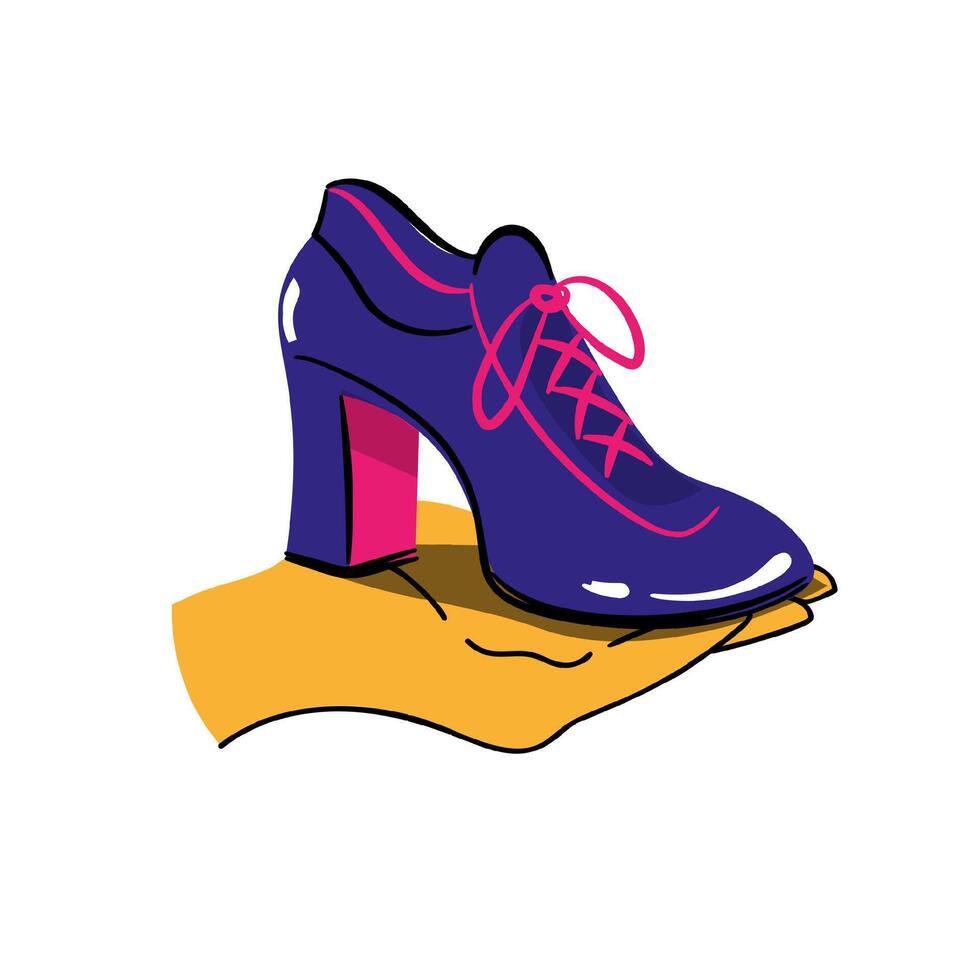 Human hand holding high heel shoe. vector