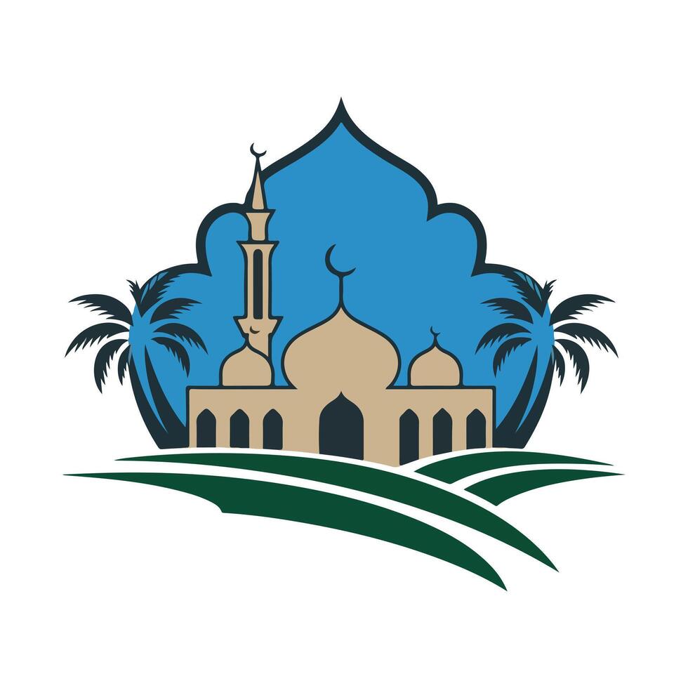 Blue and Green Mosque with Palm Trees vector