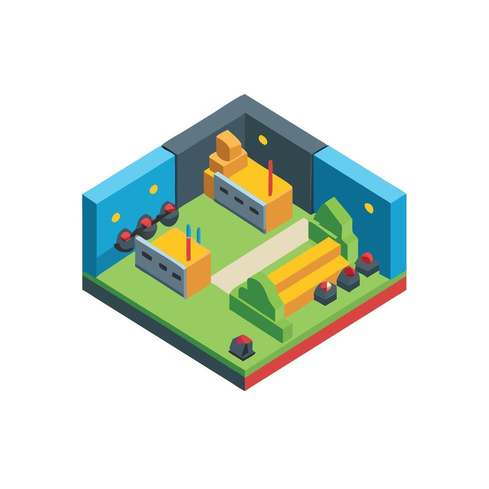 an illustration of a building with a park and a playground vector