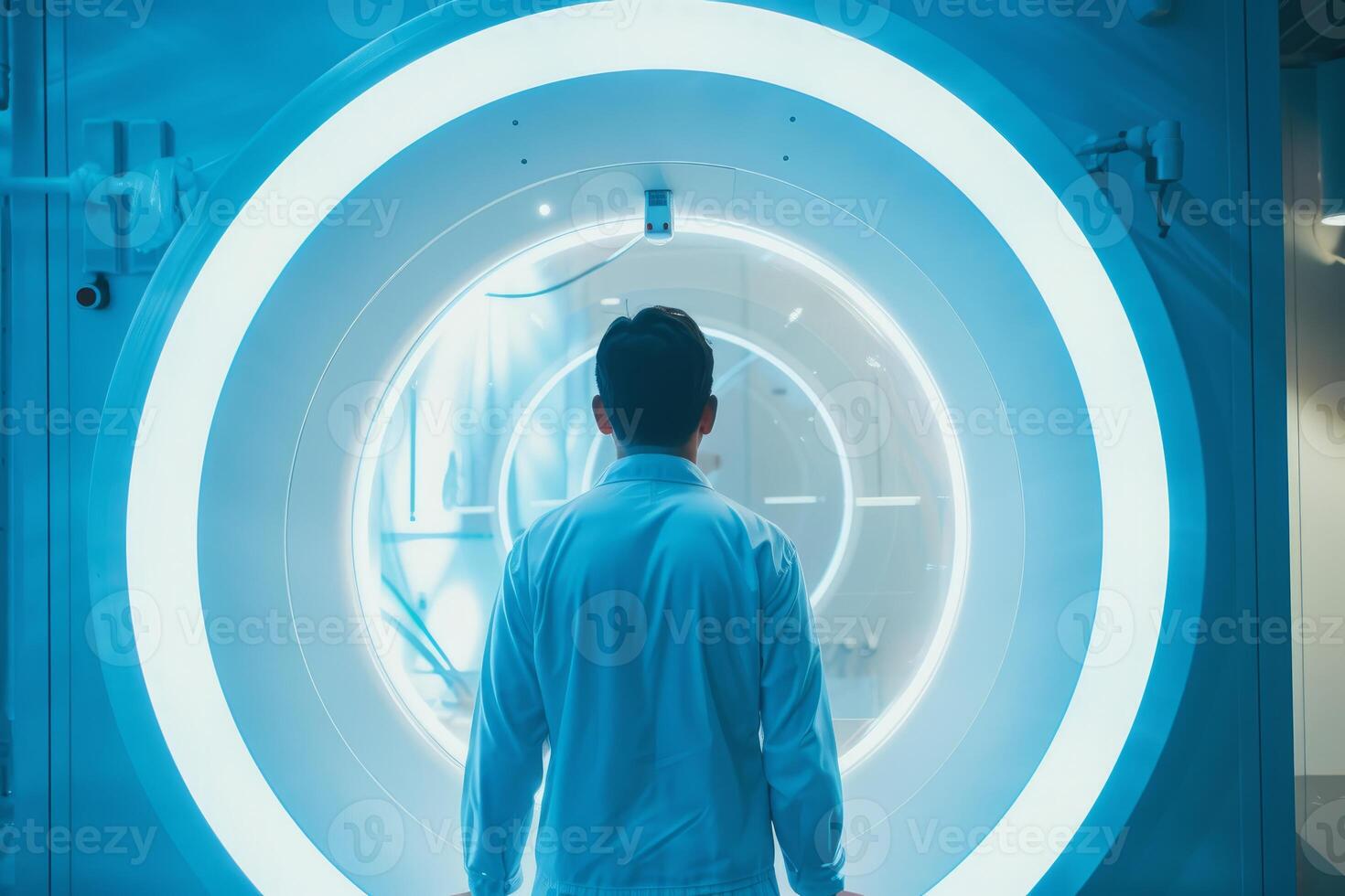Scientist standing in front of futuristic laboratory door photo