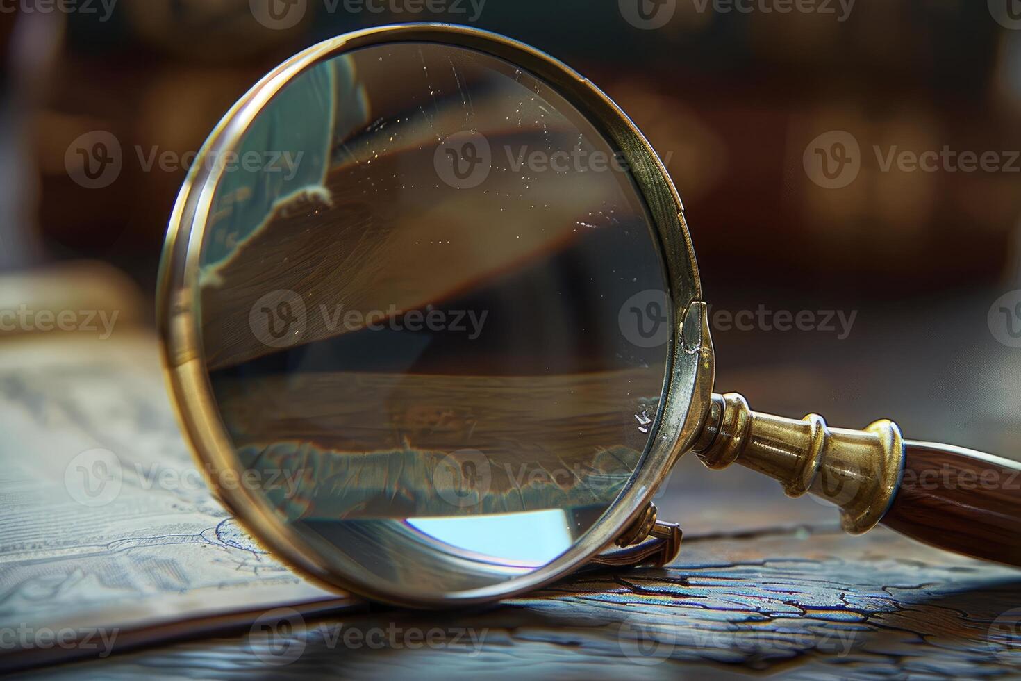 Vintage magnifying glass resting on old book in warm light photo