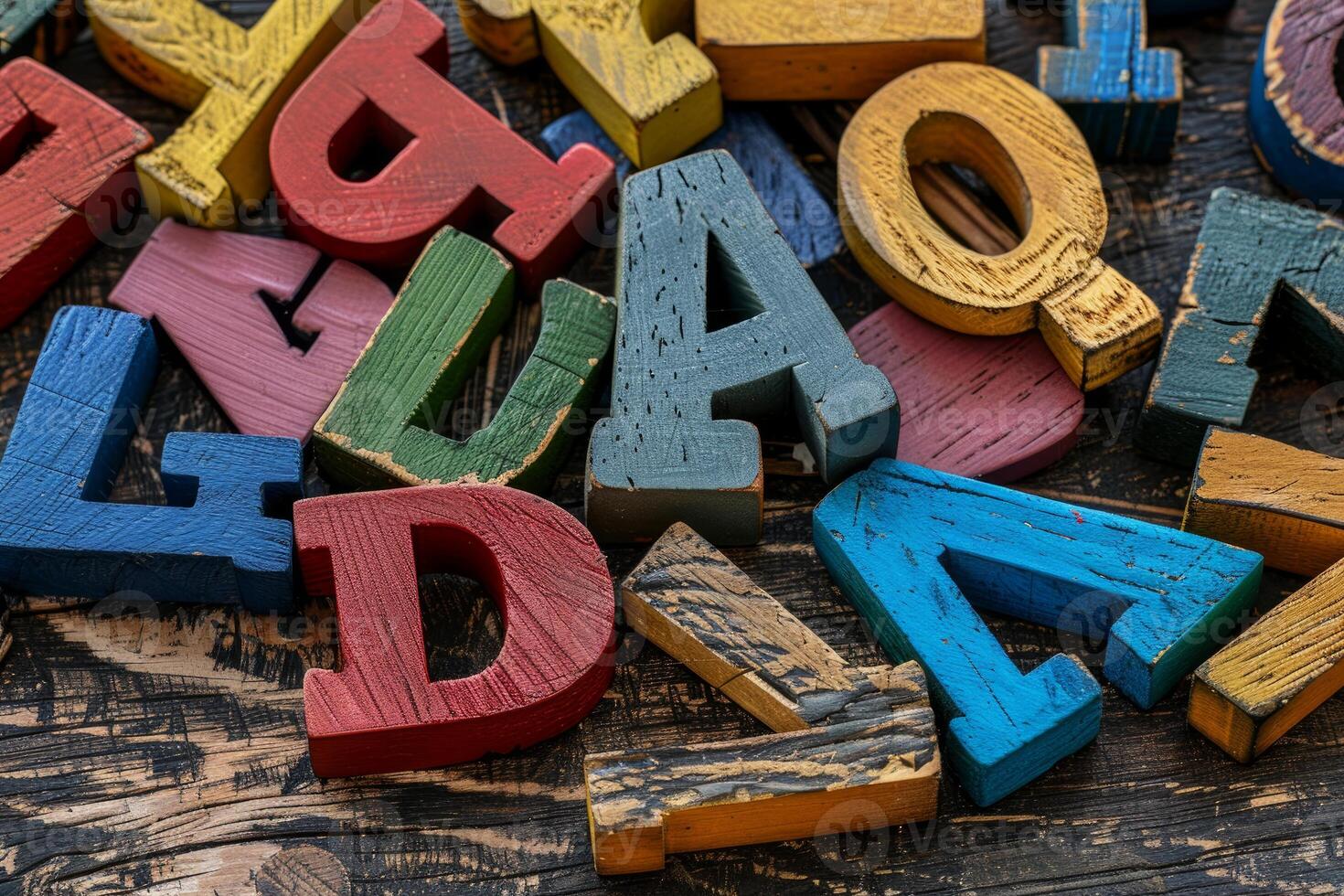 Colorful wooden alphabet letters resting on a rustic surface photo