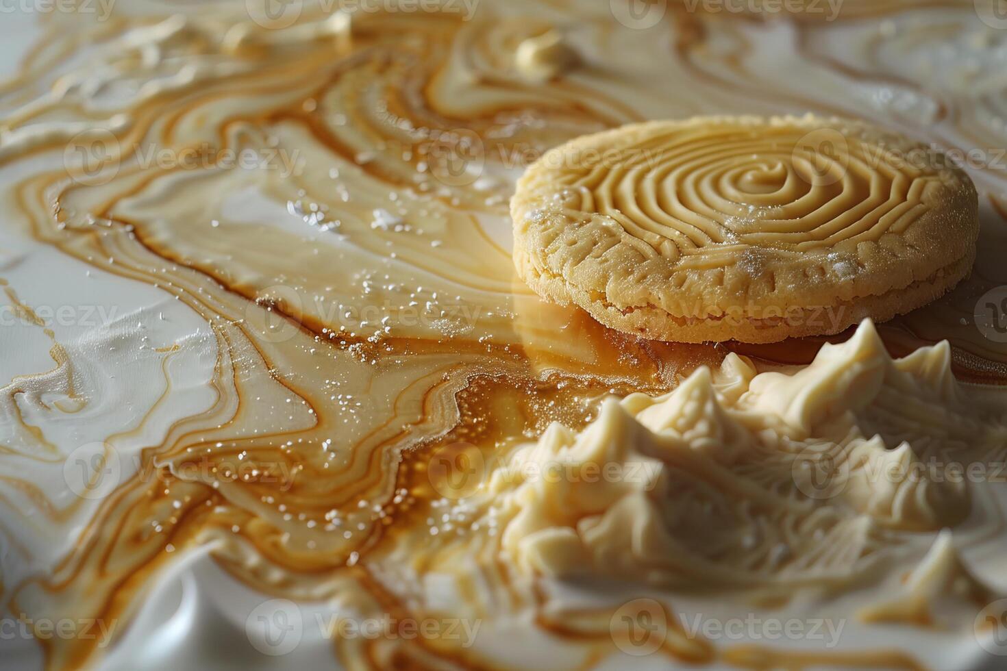 Round butter cookie laying on plate with caramel and white chocolate design photo