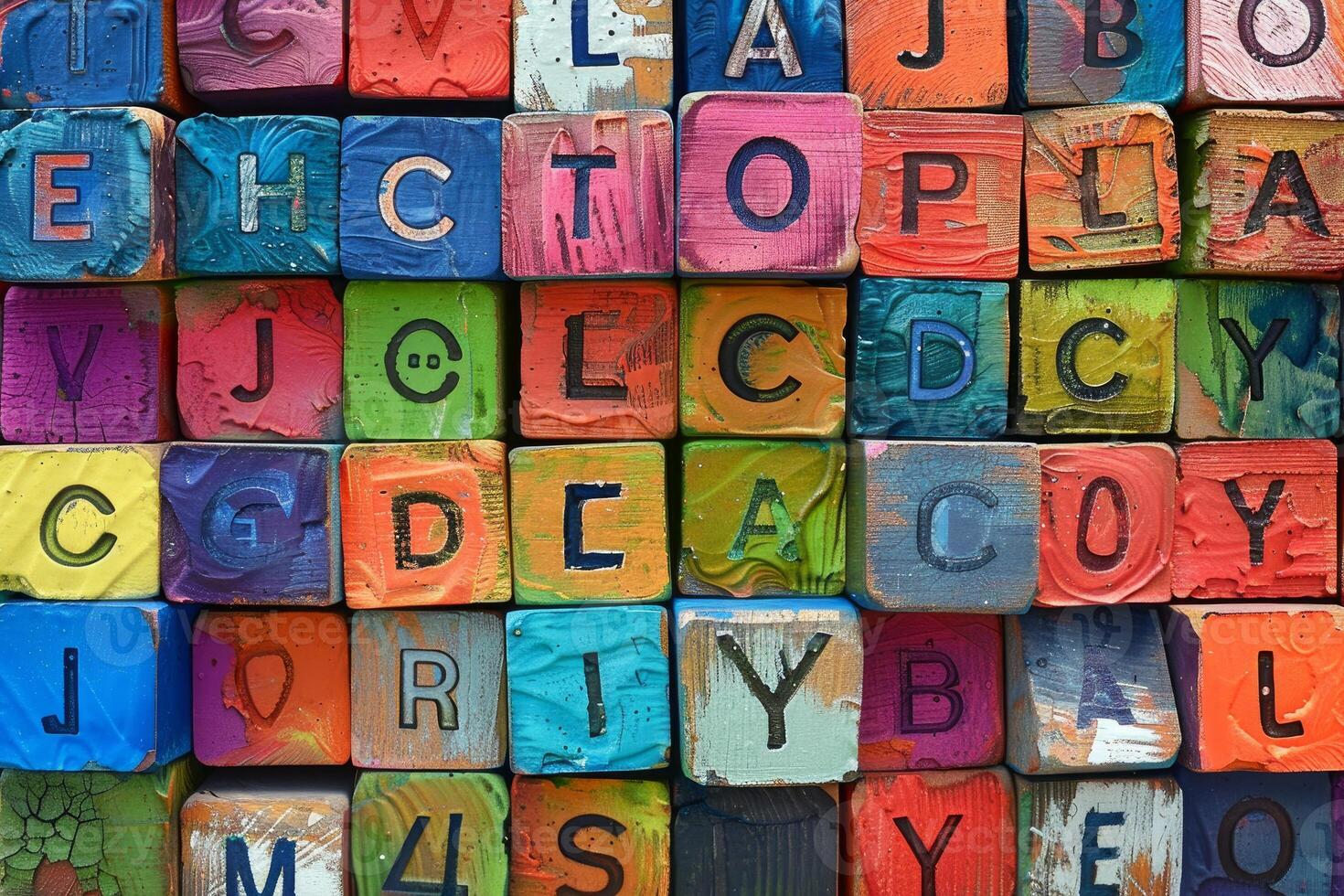 Colorful alphabet blocks forming random words photo