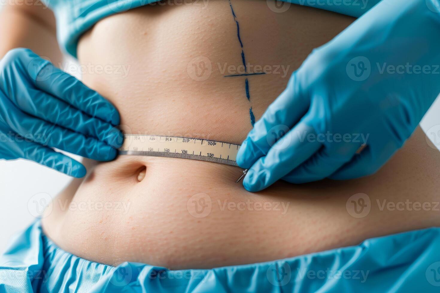 Surgeon measuring woman's abdomen before liposuction surgery photo
