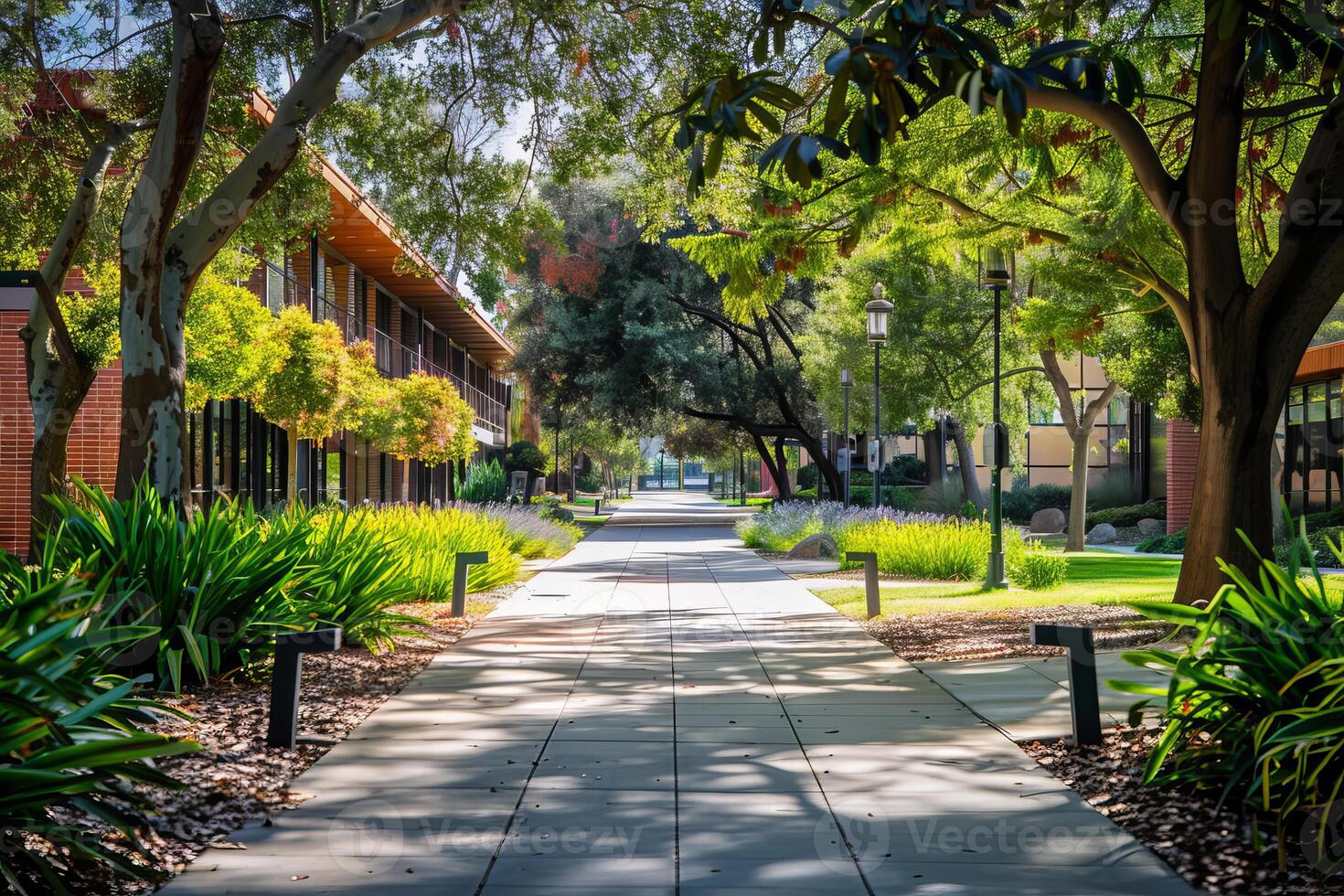 Empty pedestrian walkway leading through lush green university campus photo