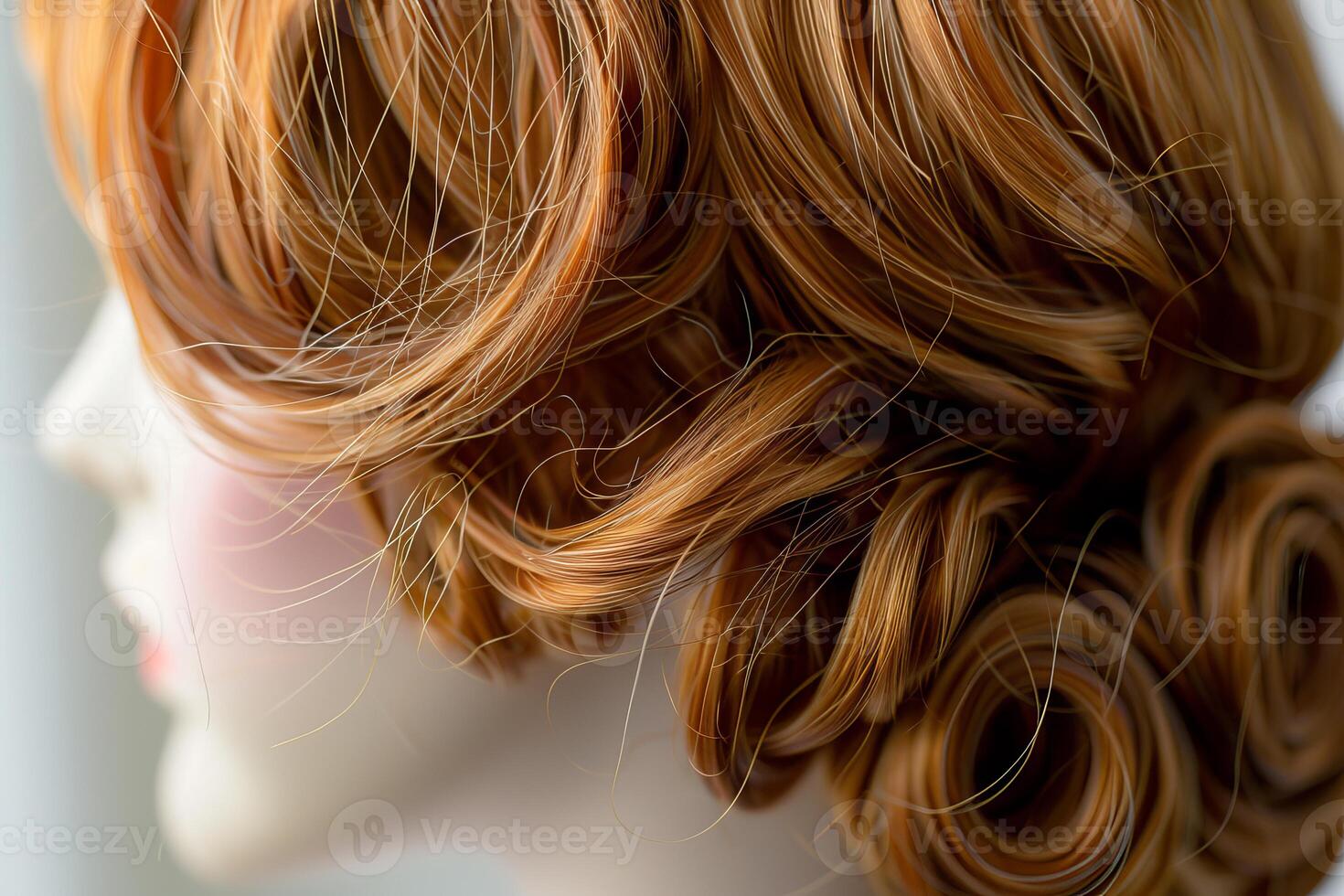 Mannequin head with long red hair showing curls and texture photo