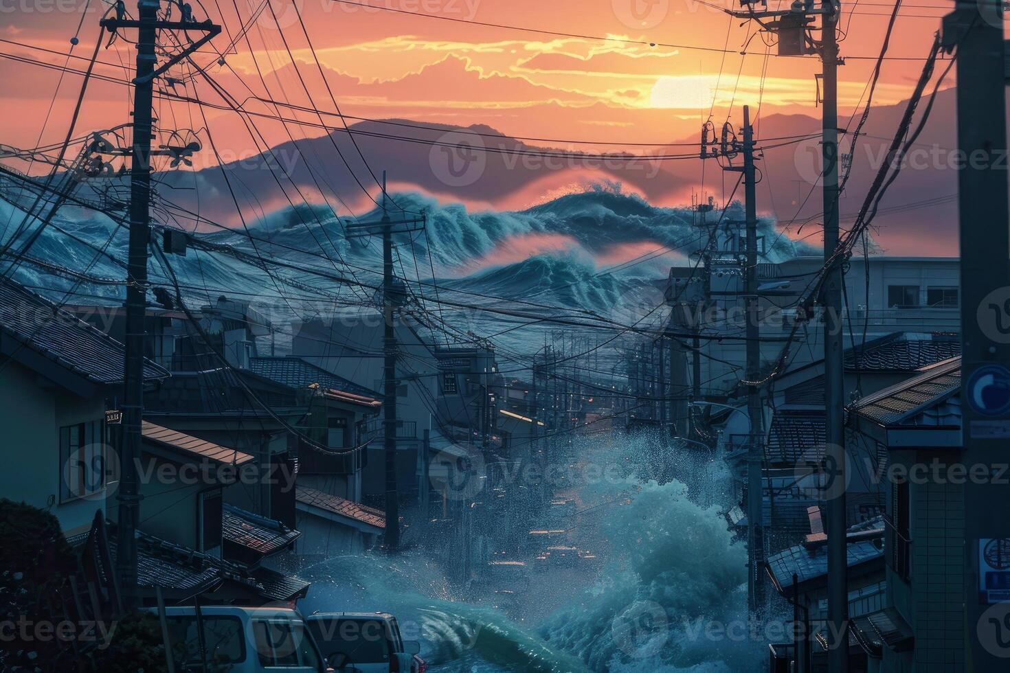 Tsunami wave engulfing coastal city at sunset photo