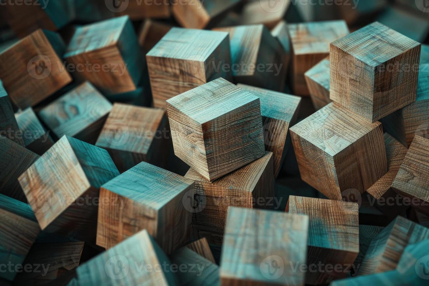 Many wooden cubes piled up creating abstract background photo