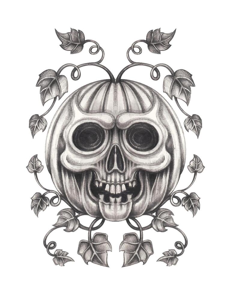 Skull pumpkin the fusion of life and decay.This striking artwork features a haunting blend of a skull and a pumpkin, intricately merged into a single form. vector
