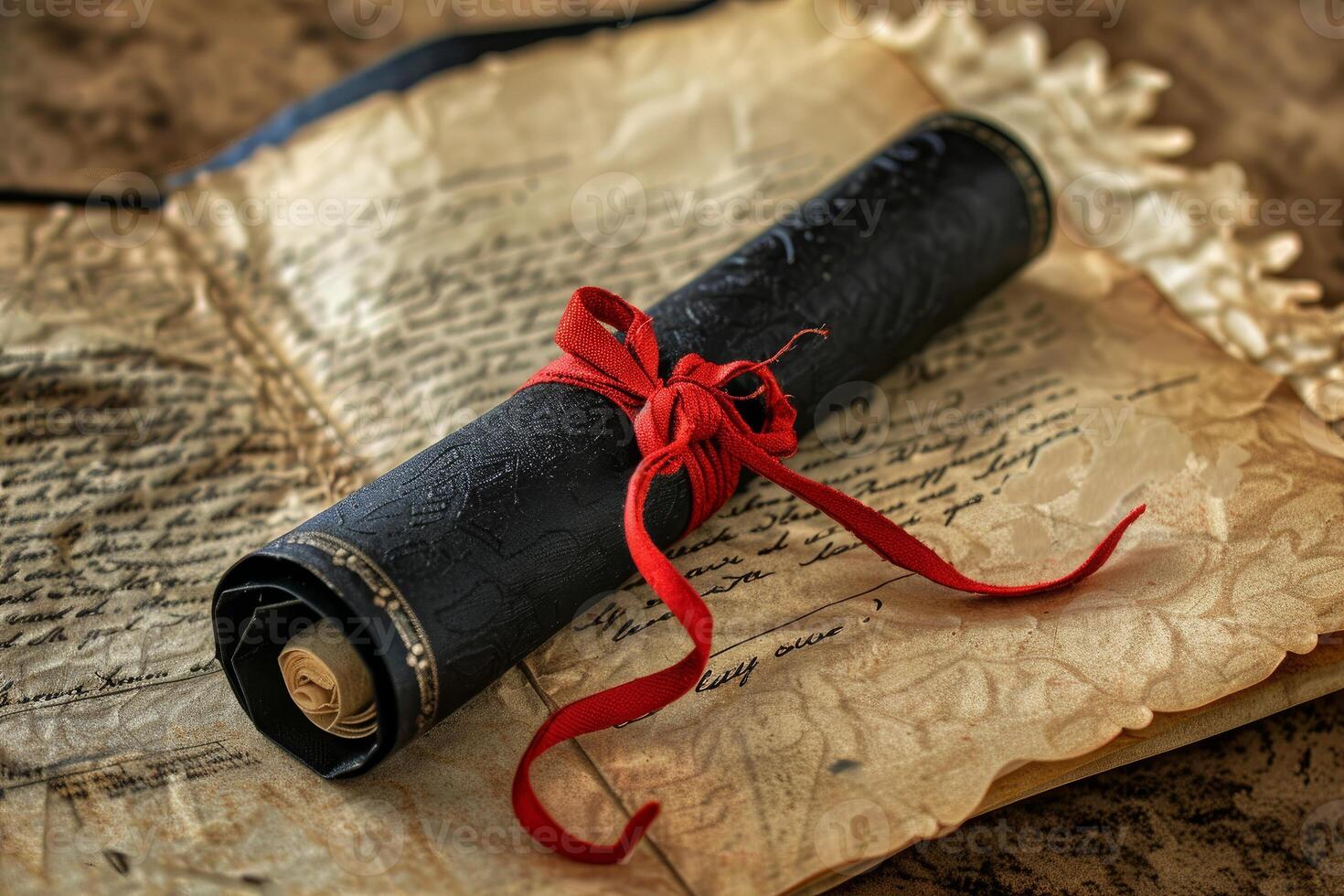 Black scroll tied with red ribbon lying on ancient book with feather pen photo