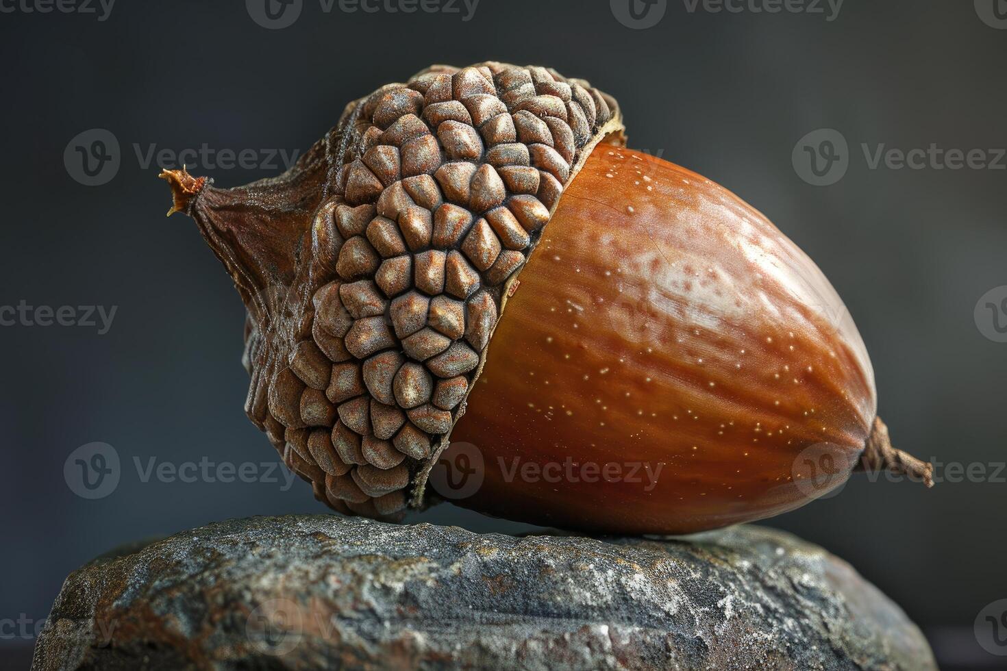 Brown acorn resting on a rock in autumnal still life photo