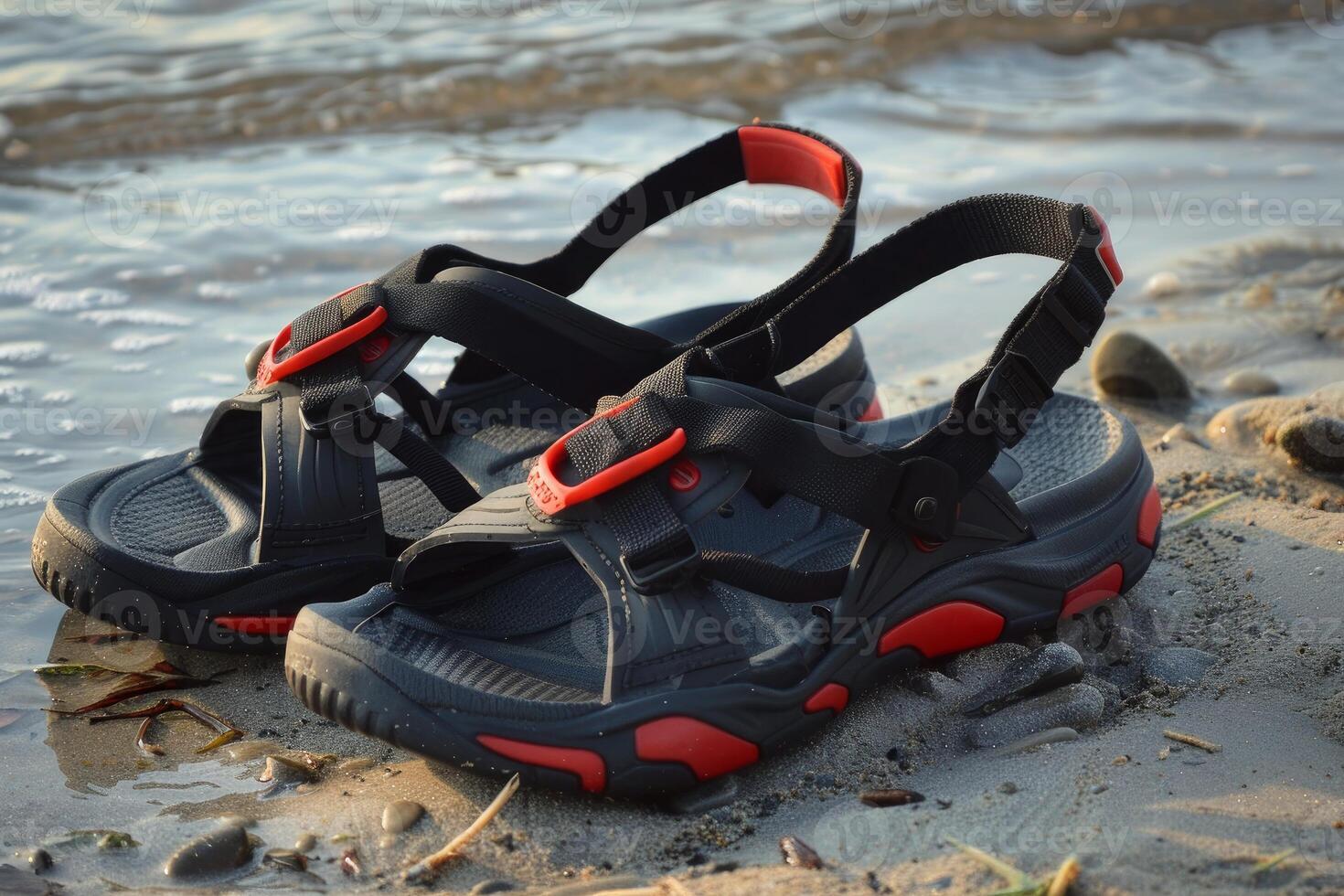 Hiking sandals laying on sand near water photo