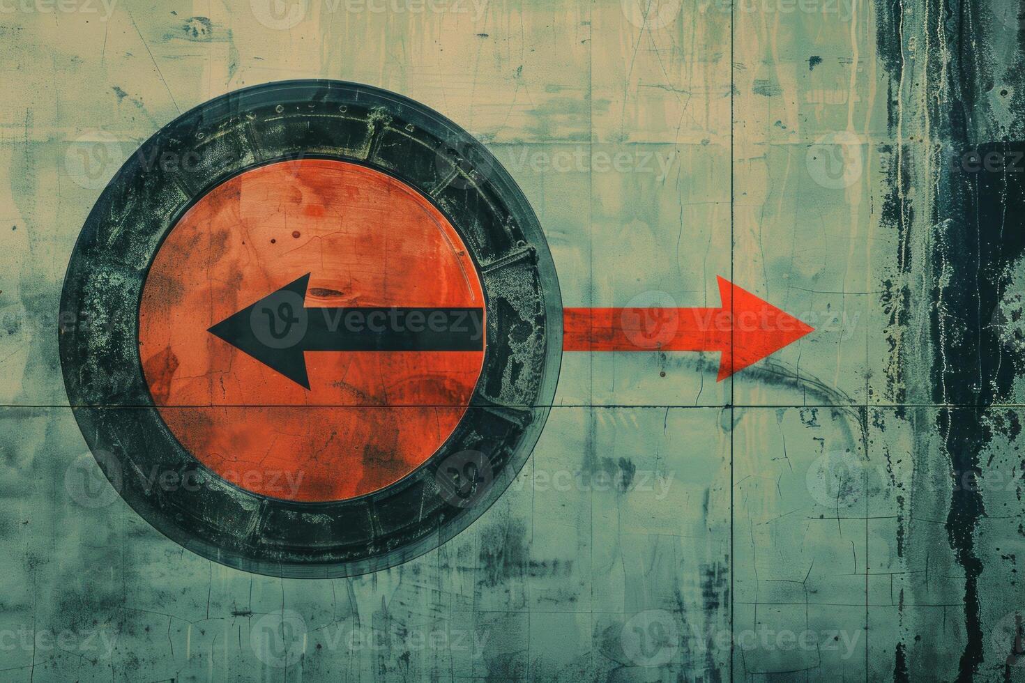 Black arrow pointing left inside red circle, red arrow pointing right on grunge wall photo