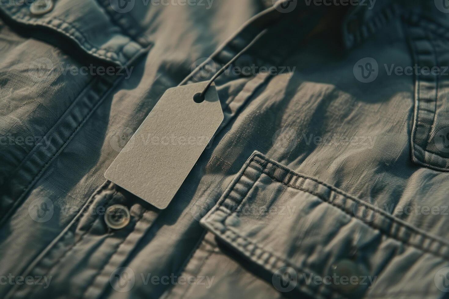 Close up of blank label tag showing on green shirt photo