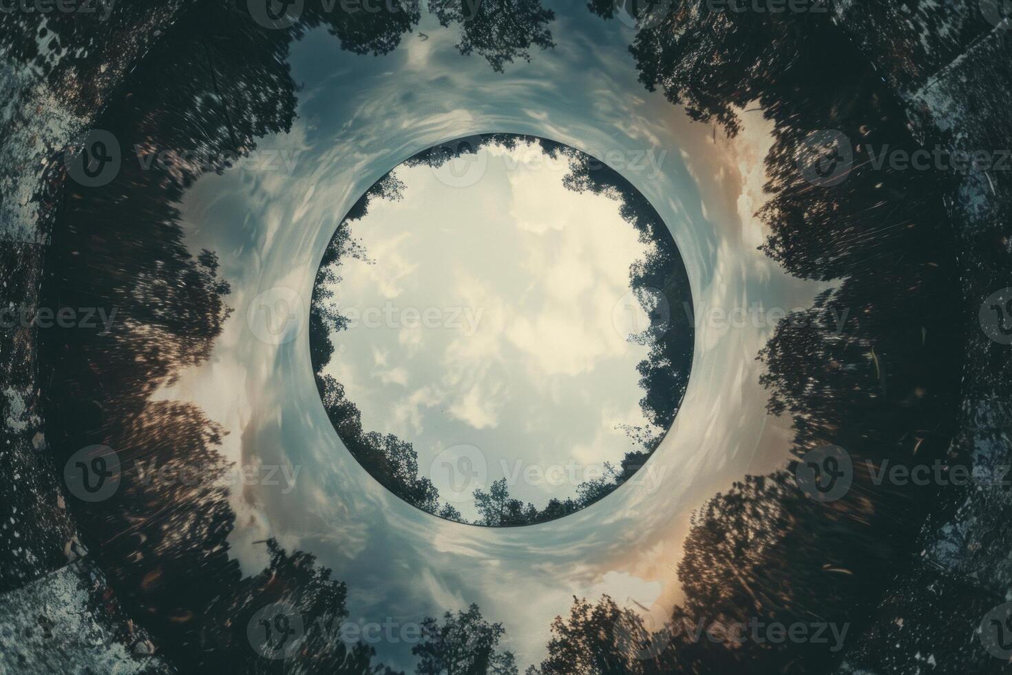 Round frame of trees framing a cloudy blue sky photo