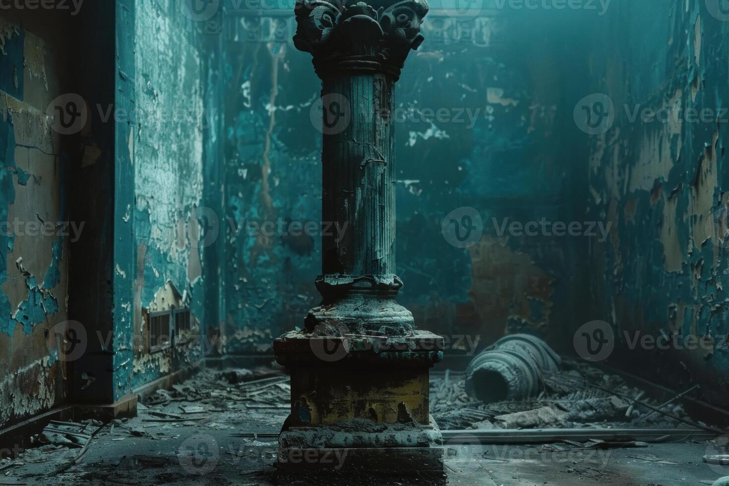 Ancient column standing strong in crumbling abandoned building photo