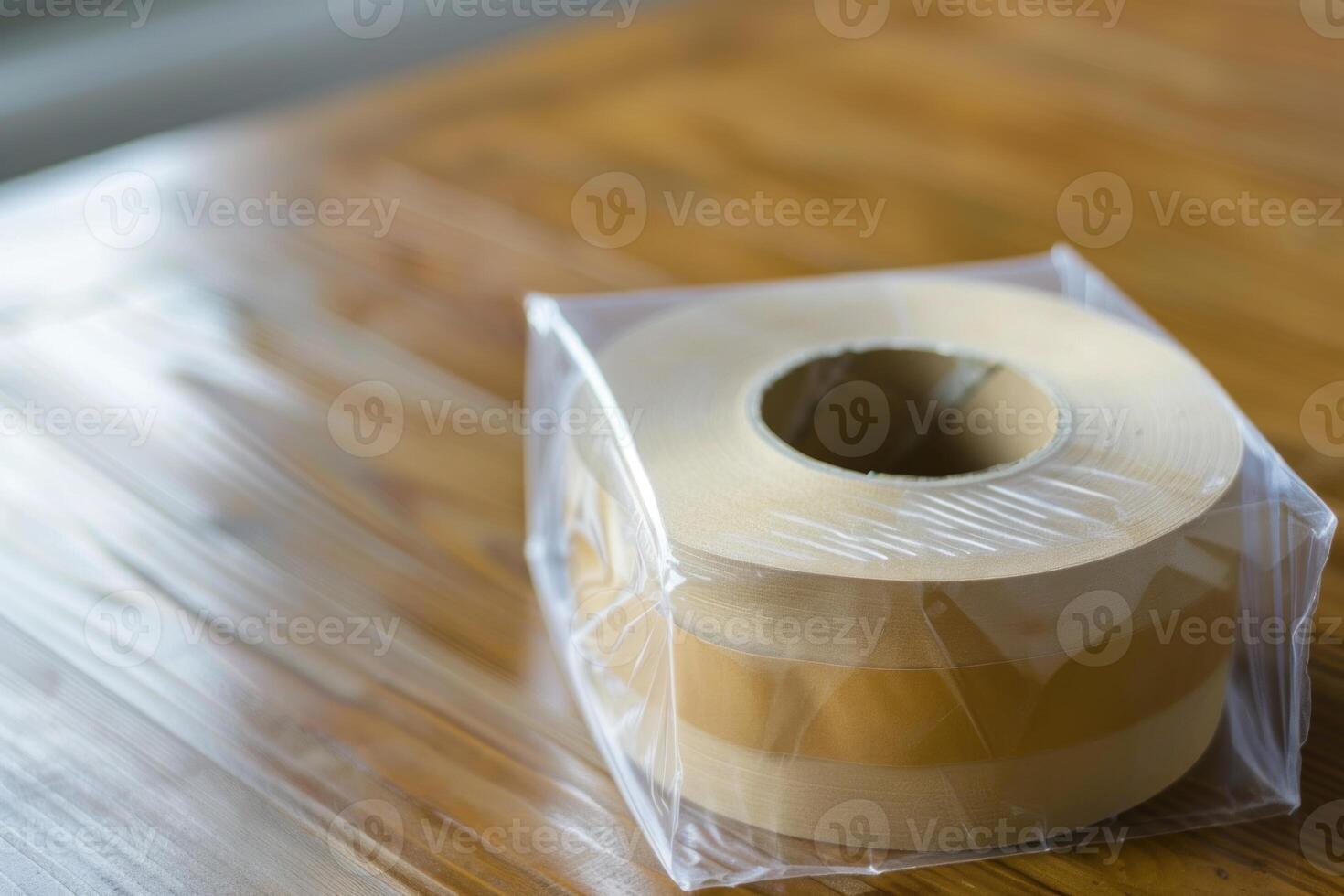Roll of brown packing tape wrapped in plastic sitting on table photo