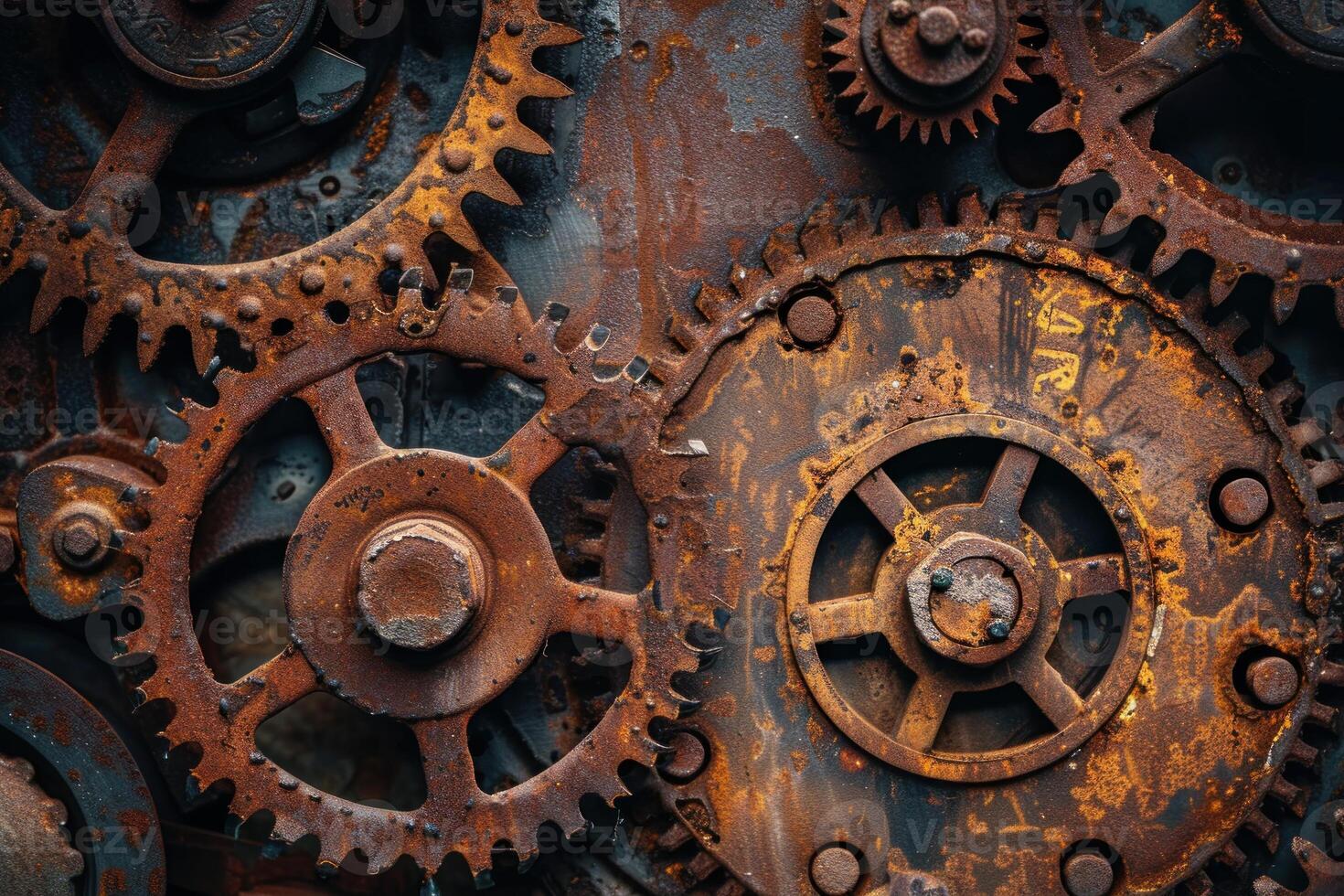 Complex rusty gears interlocking forming intricate mechanism photo