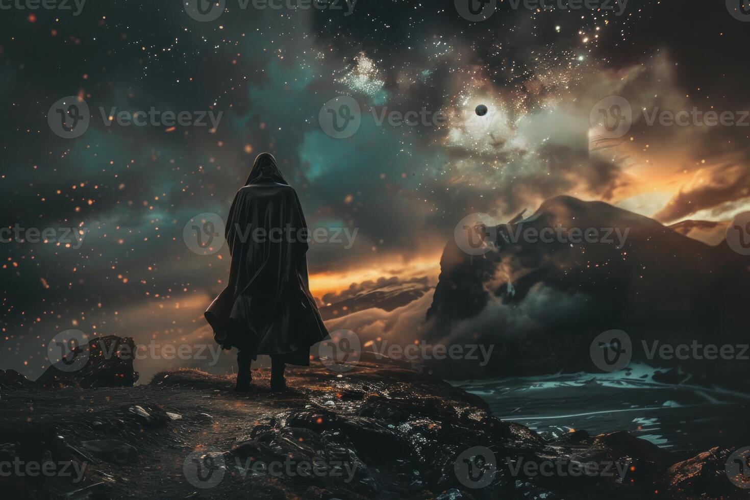 Astronomer standing on mountain top observing solar eclipse in night sky photo