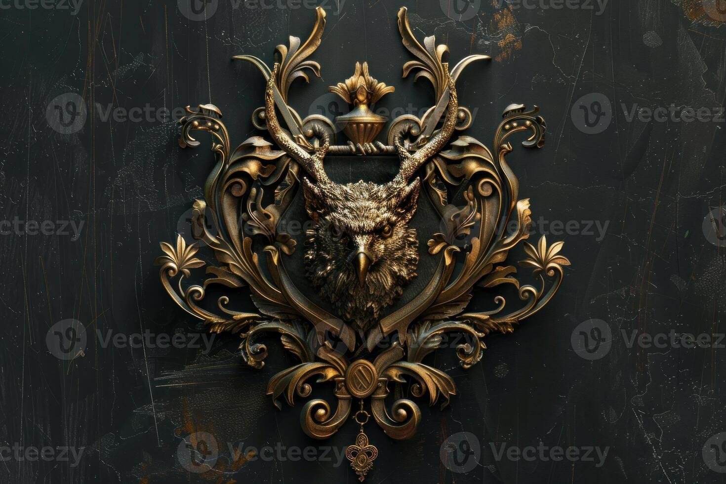 Golden owl emblem with antlers and intricate baroque design on a textured wall photo