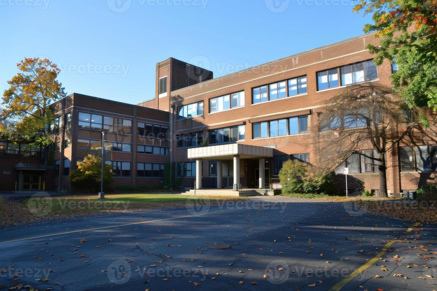 Large brick school building on sunny autumn day with colorful leaves photo