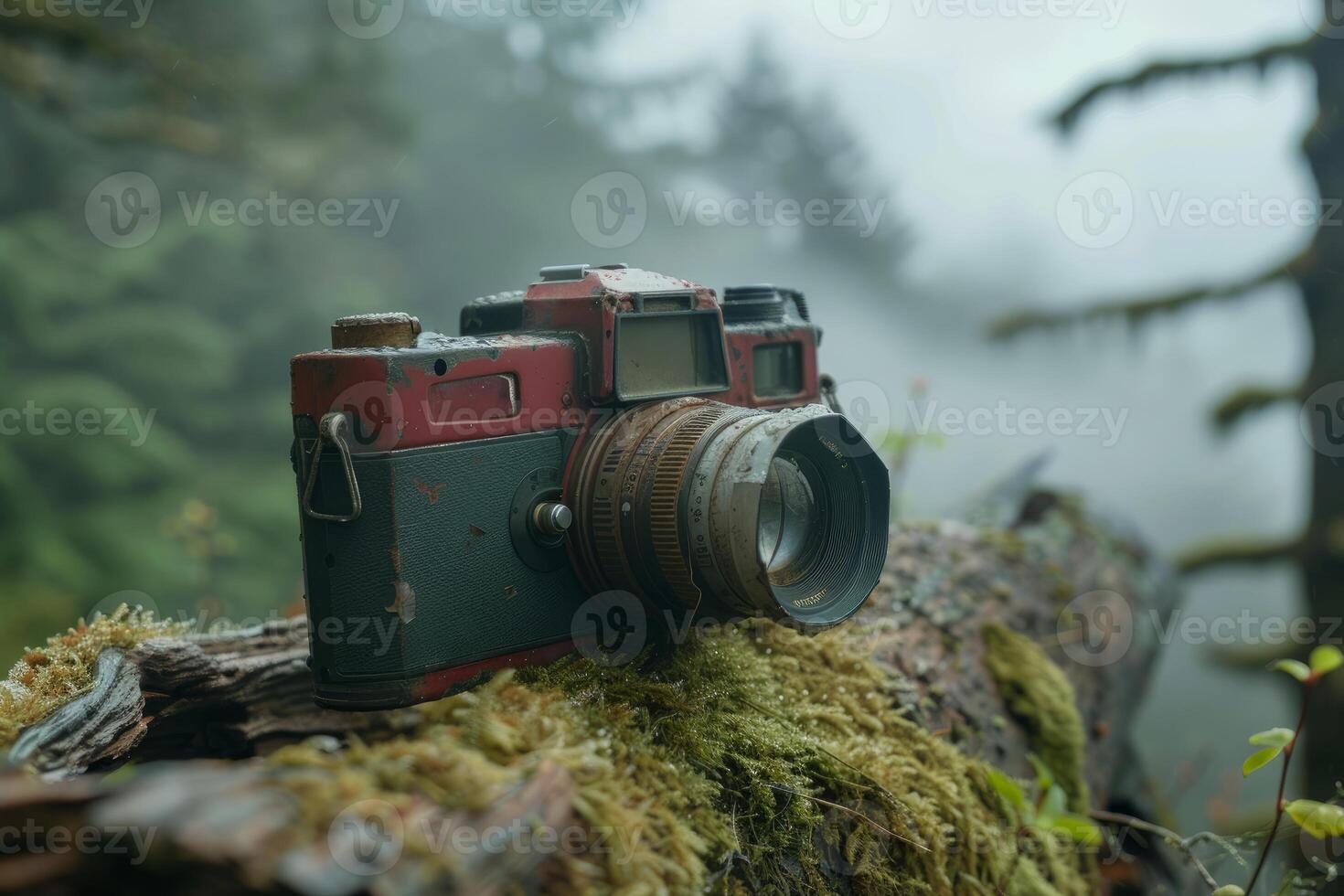 Old camera resting on mossy log in misty forest photo