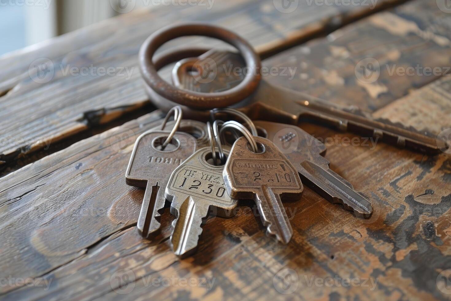 Bunch of old keys lying on a wooden surface photo