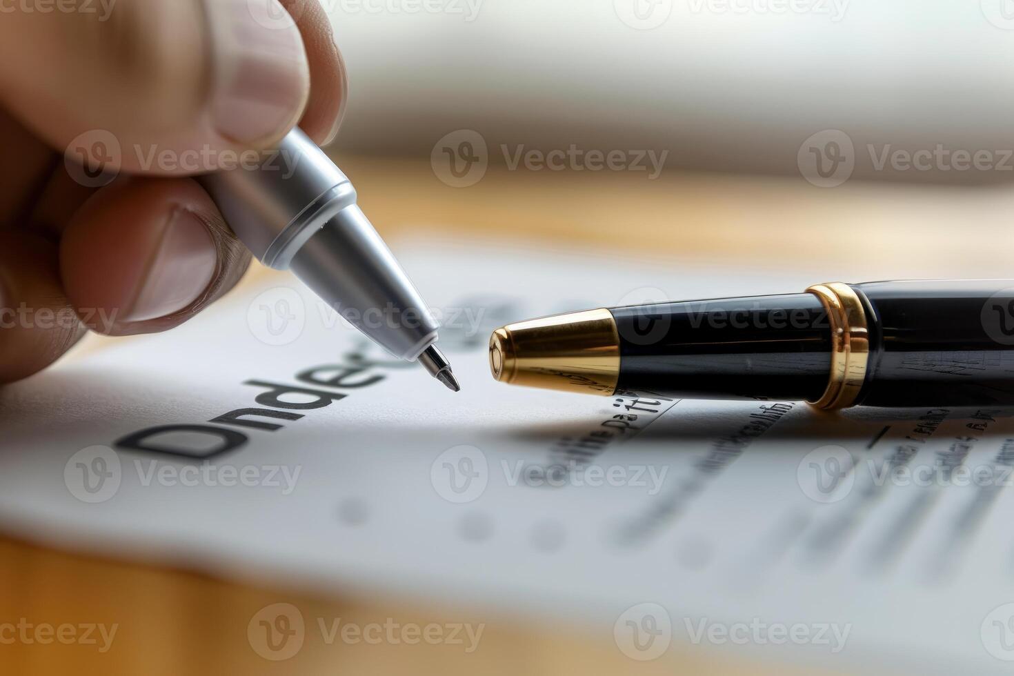 Businessman signing official document using pen photo