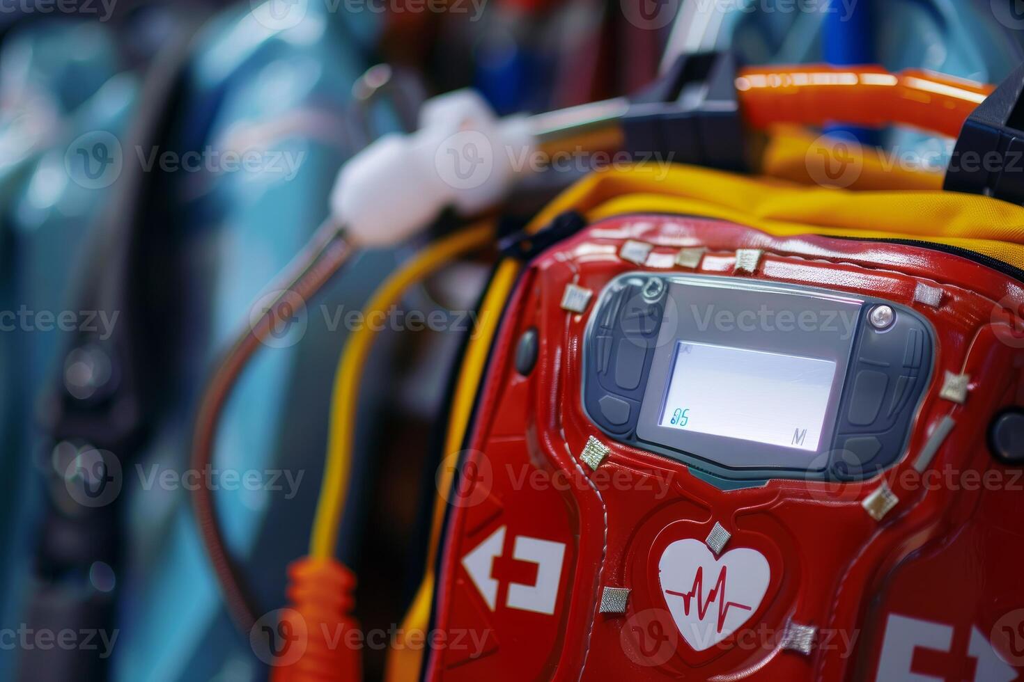 Defibrillator hanging on stretcher waiting for emergency use photo