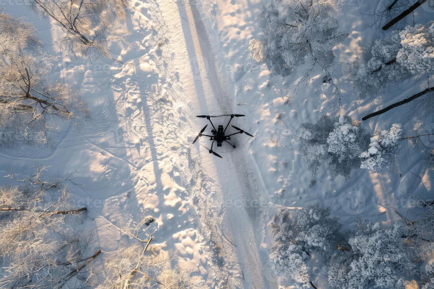 Professional drone hovering over snowy road in forest photo