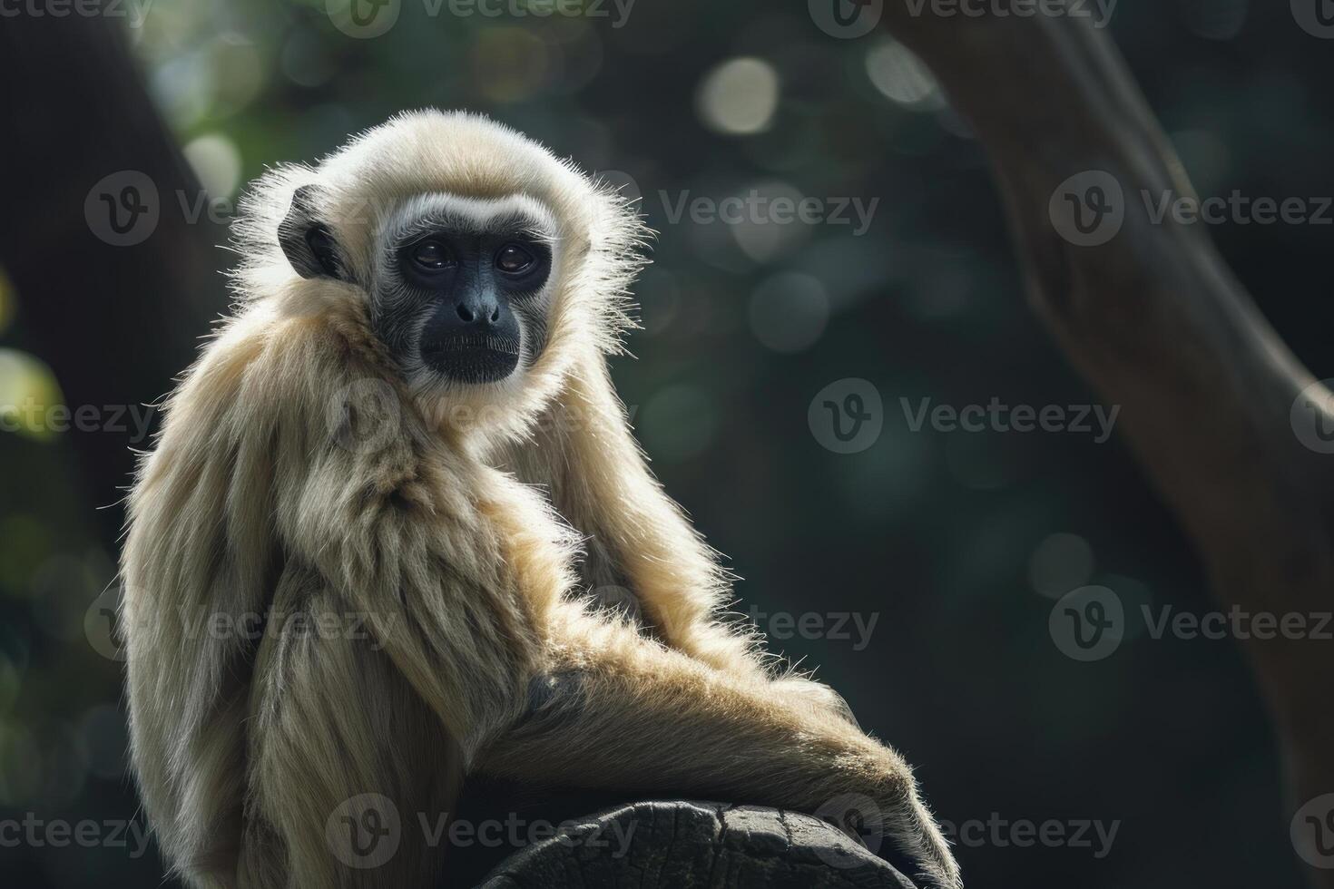Northern white cheeked gibbon sitting and relaxing on a tree branch photo
