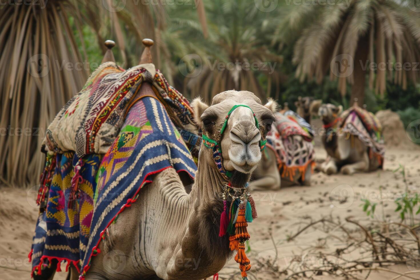 Camel wearing colorful saddle standing on sand in oasis photo